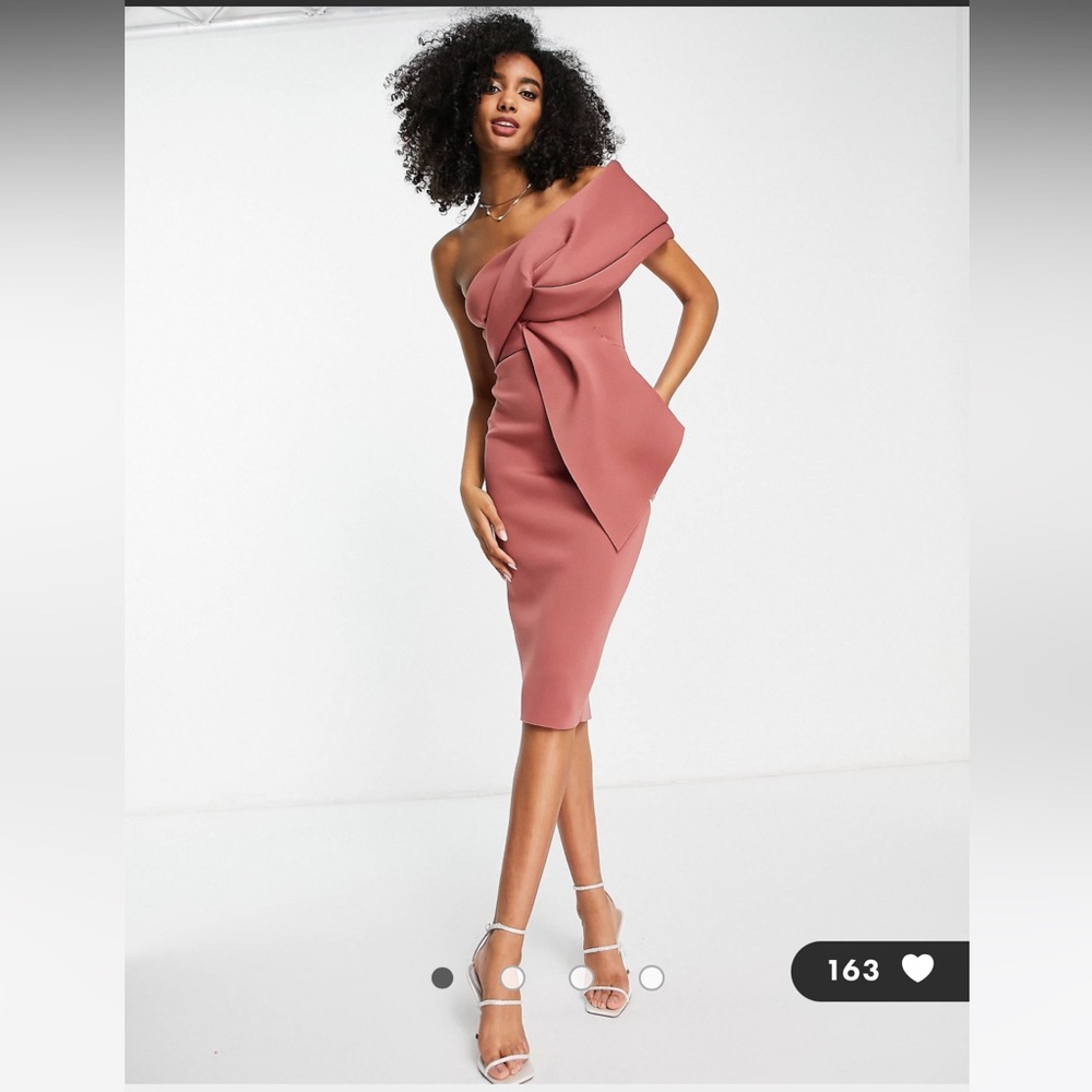 ASOS DESIGN peekaboo shoulder tuck midi pencil dress in rose